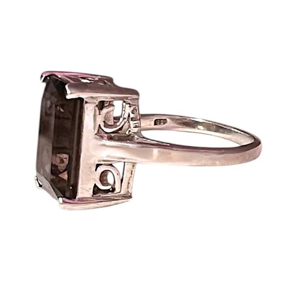 Genuine Large Emerald Cut Smoky Quartz Sterling Silver Ring Size 6.75